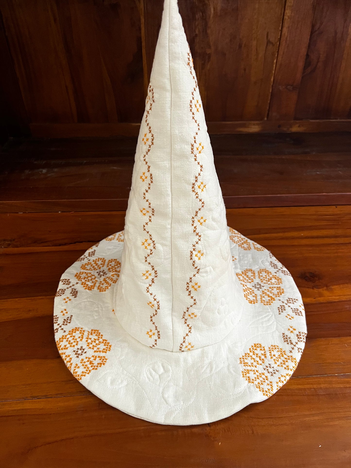 Floral medallion embroidered linen handmade hat