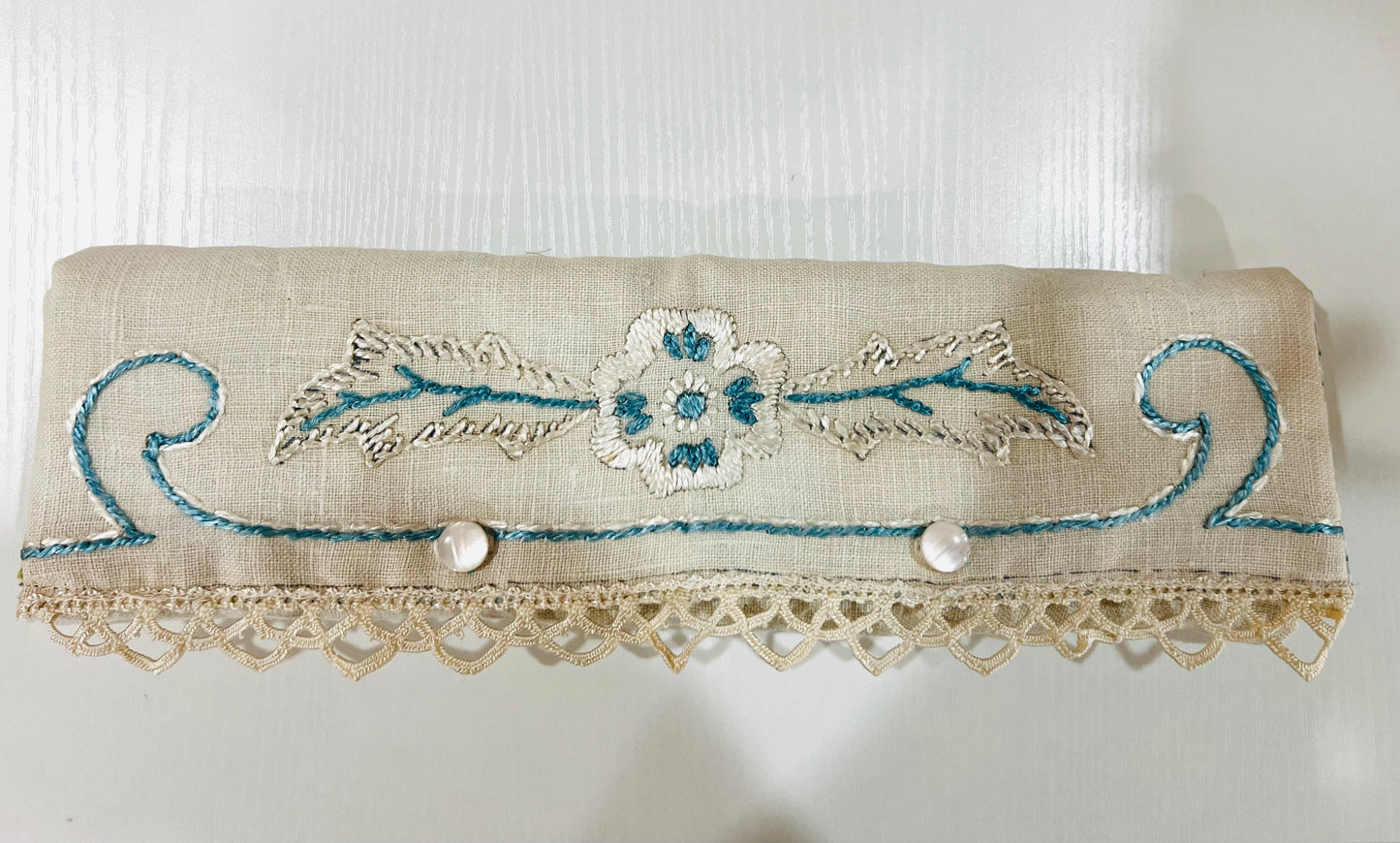 Lovely blue and pearl embroidered candle holder