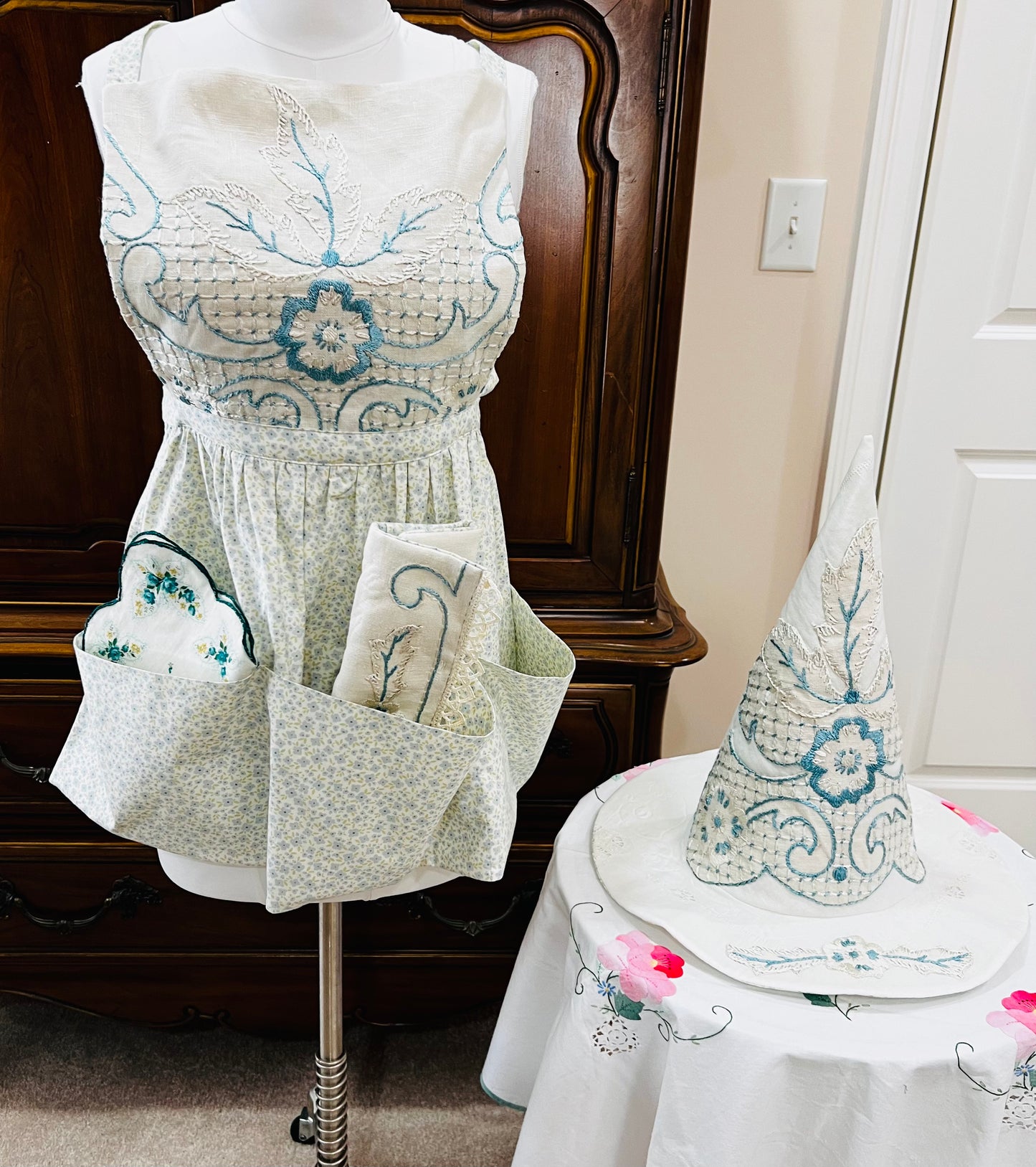 Lovely blue and pearl embroidered candle holder