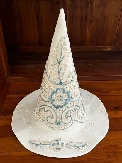 Beautiful blue vintage embroidered witch hat