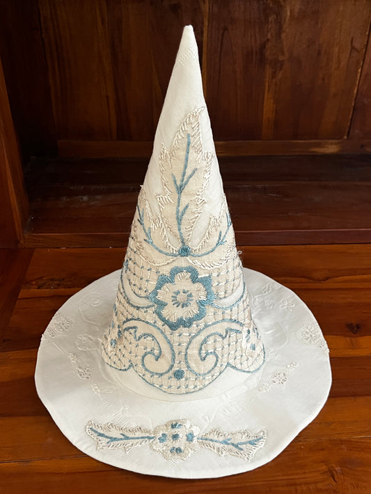 Beautiful blue vintage embroidered witch hat