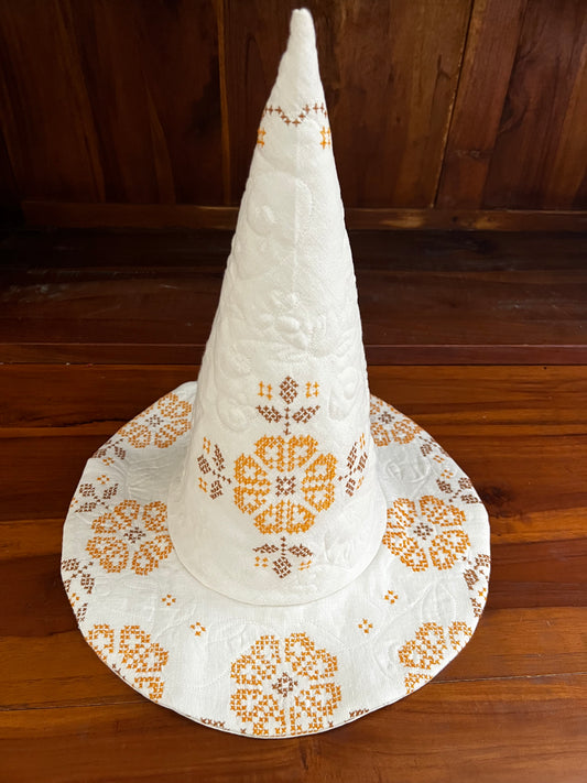 Floral medallion embroidered linen handmade hat