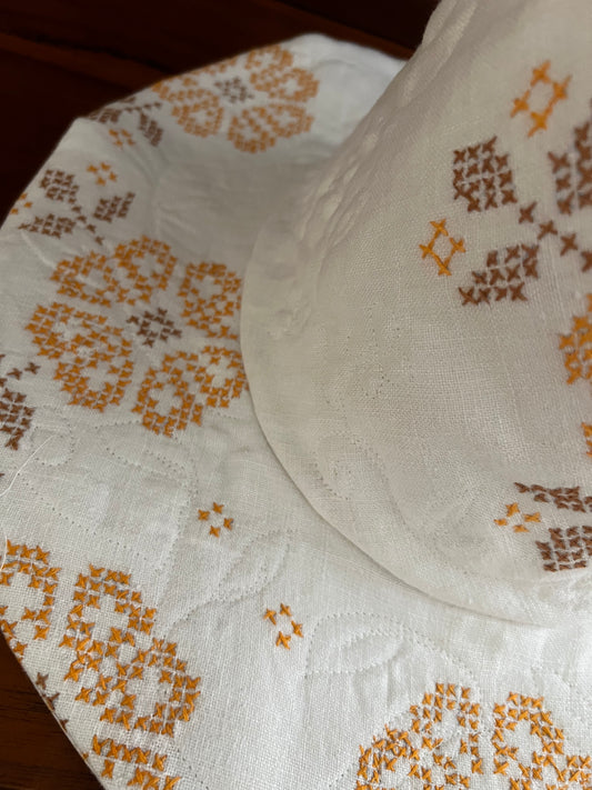 Floral medallion embroidered linen handmade hat