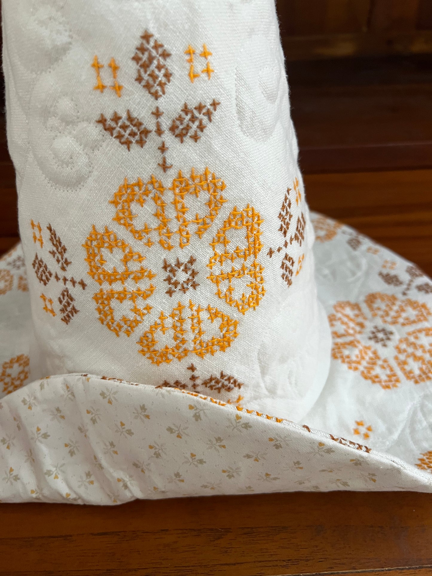 Floral medallion embroidered linen handmade hat