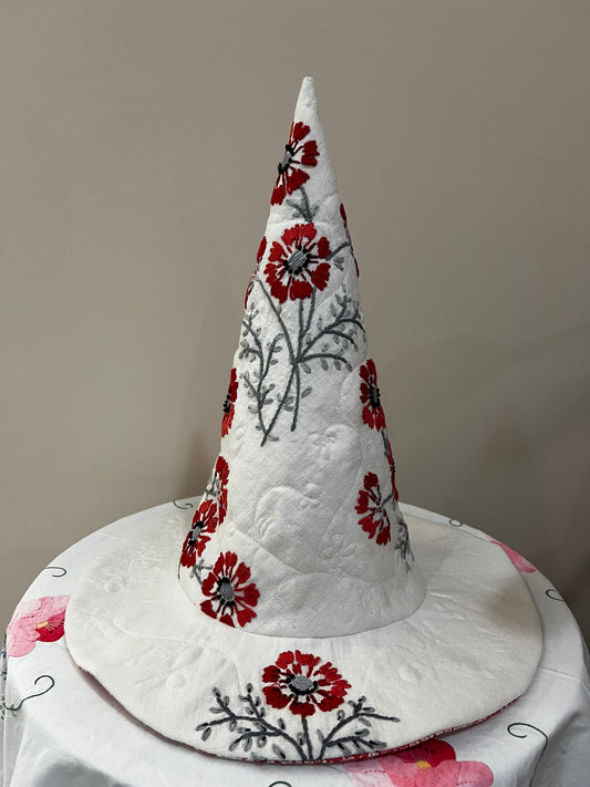 Red and coral floral embroidered hat