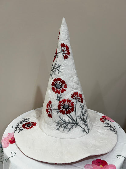Red and coral floral embroidered hat