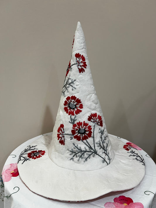 Red and coral floral embroidered hat
