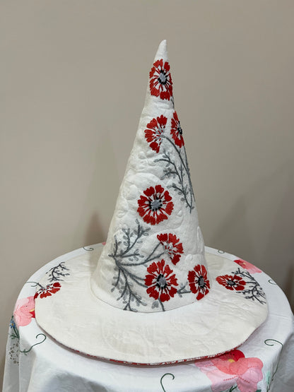 Red and coral floral embroidered hat