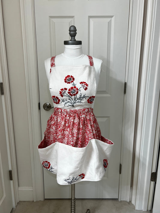 spell working apron in coral and red embroidery