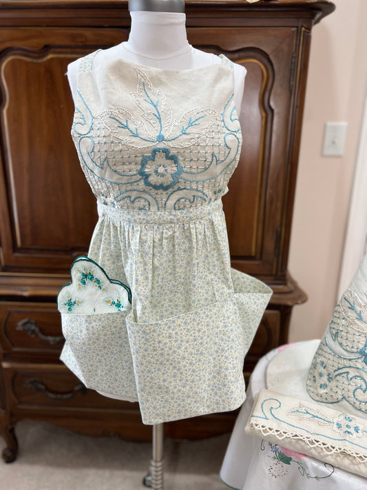 Blue and pearl embroidered spell working apron