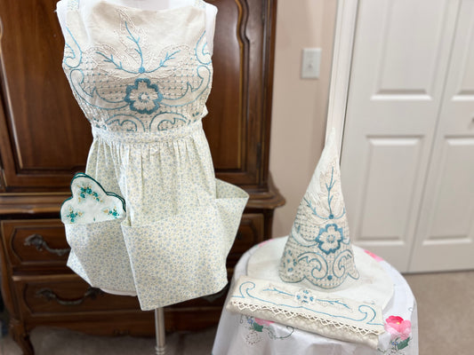 Blue and pearl embroidered spell working apron